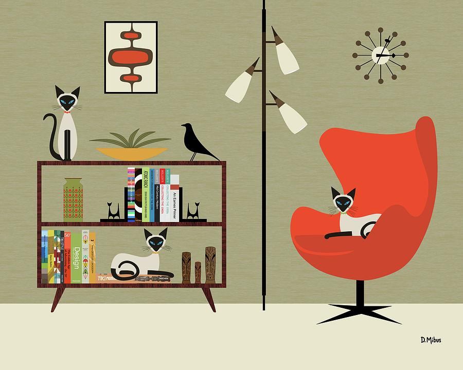Mid Century Bookcase Room with Siamese by Donna Mibus Mid Century Bookcase Room with Siamese by Donna Mibus