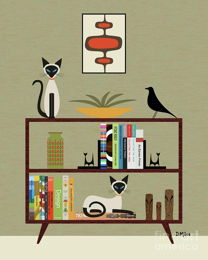 Book Digital Art - Mid Century Bookcase with Siamese by Donna Mibus