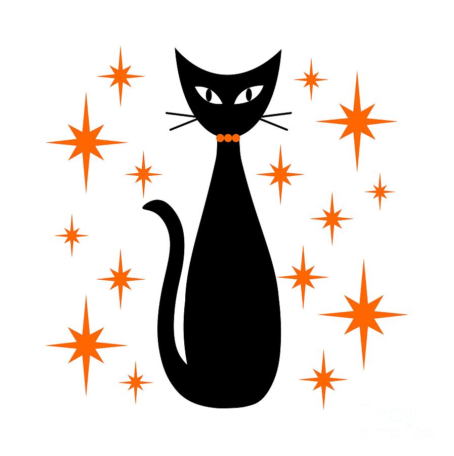 Cat Digital Art -  Mid Century Cat with Orange Starbursts by Donna Mibus