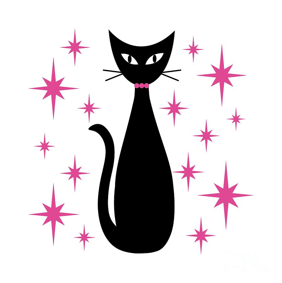 Mid Century Cat with Pink Starbursts Digital Art by Donna Mibus