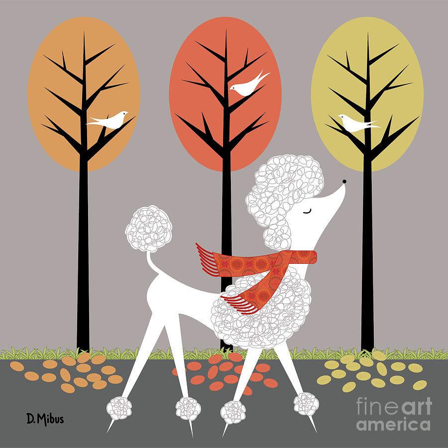 Mid Century White Poodle Fall Digital Art by Donna Mibus