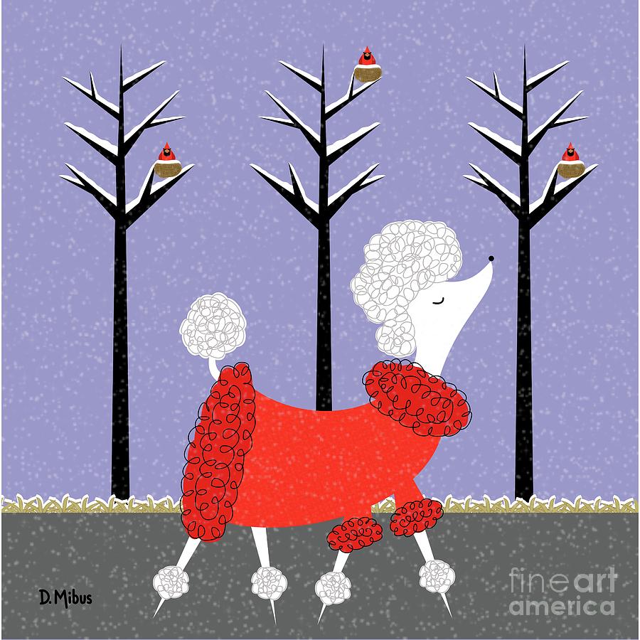 Mid Century White Poodle Winter Digital Art by Donna Mibus