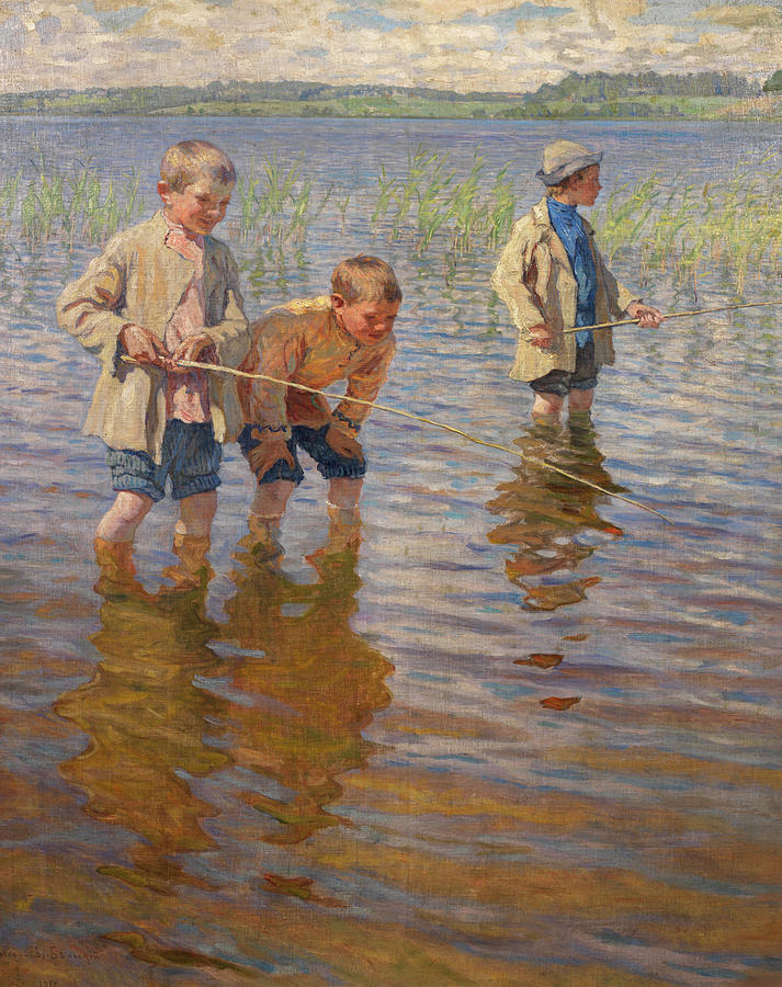 Mid-day Painting - Mid-day fishing by Nikolay Bogdanov-Belsky