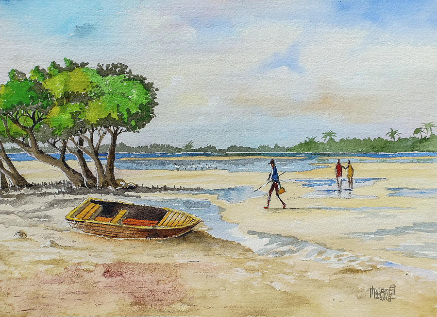 Boat Painting - Mida Creek Kenya by Anthony Mwangi