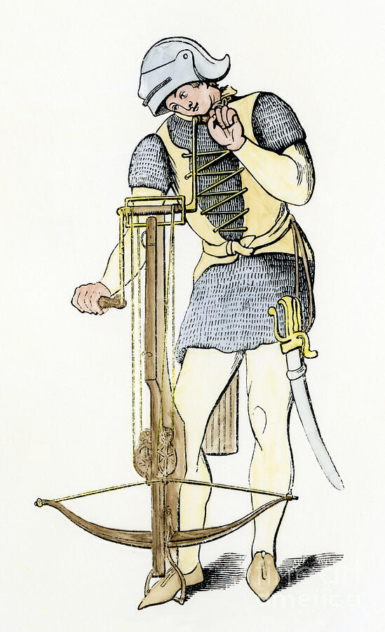 Middle Ages Genois Archer Arming His Crossbow 19th Century Colour Engraving Drawing by American School