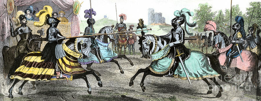 Knight Drawing - Middle Ages Knight In A Tournament Colour Engraving Of The 19th Century by American School