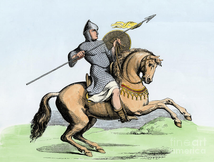 Middle Ages Knight With A Stitch And Riding A Horse Drawing by American School