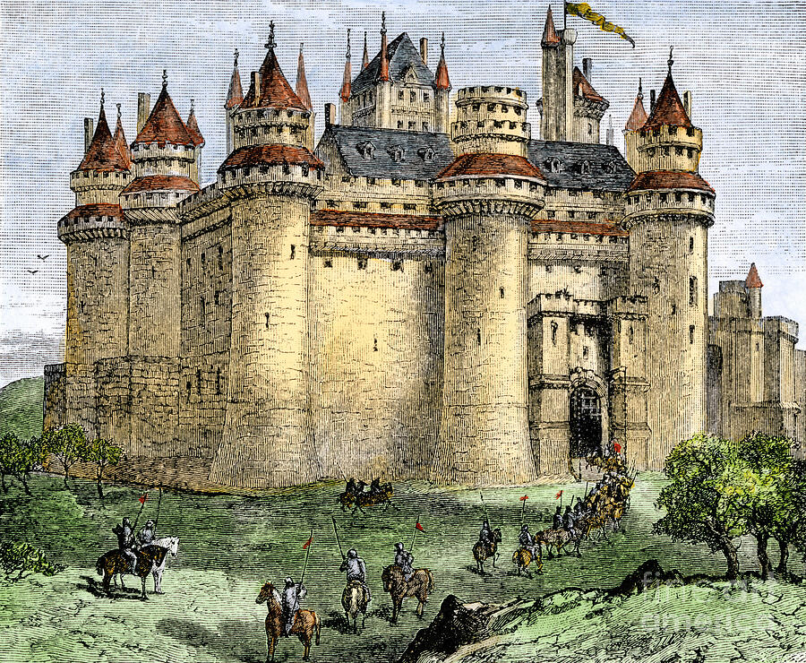 Middle Ages Knights Entering A Castle In The Middle Ages Colour Engraving From The 19th Century Drawing by American School