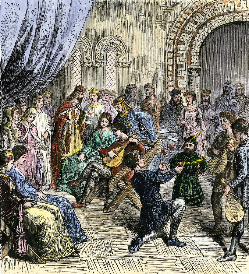 Middle Ages Minestrels And Jugglers Of The Court 19th Century Colour Engraving Drawing by American School