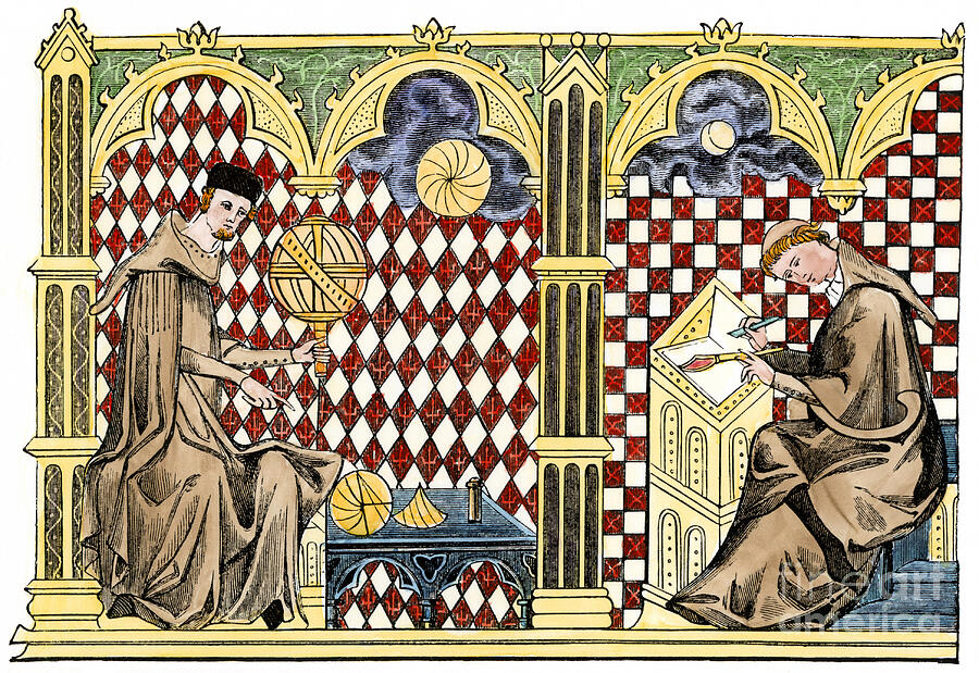 Middle Ages Student Monks A Mathematician Studies A Globe And Another Writing A Manuscript (copist Monk), 13th Century Colour Engraving Of The 19th Century Drawing by American School