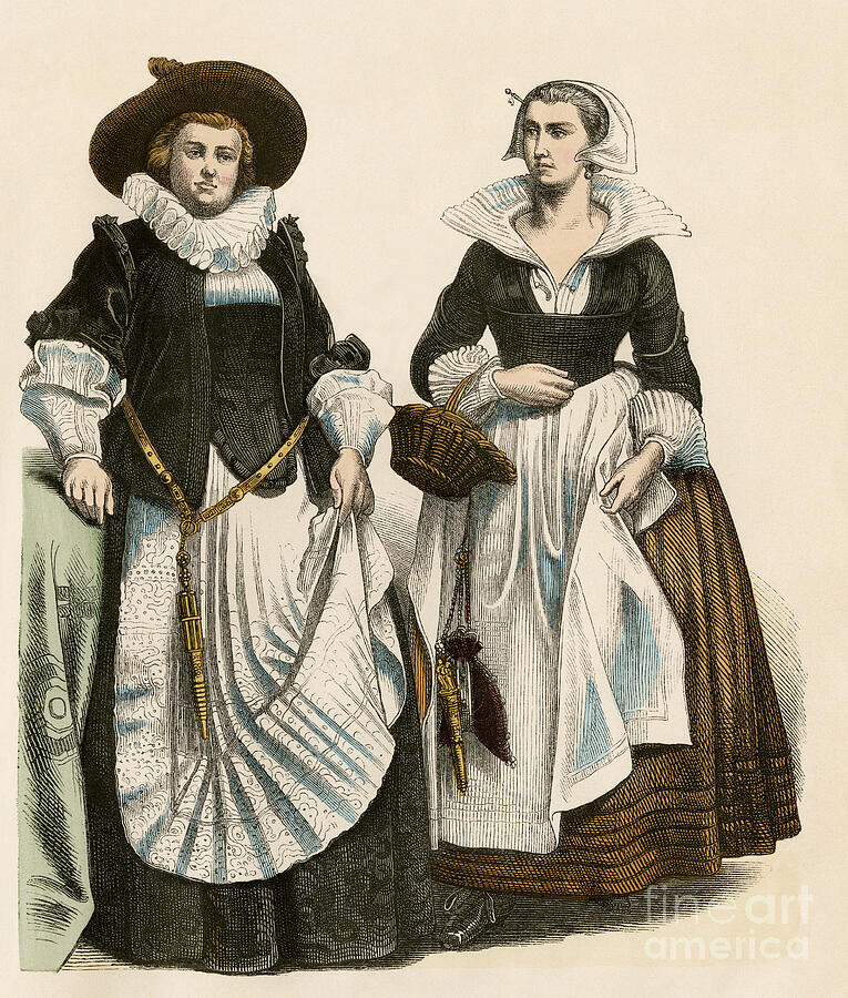 Middle-class Woman Of The Netherlands, Circa 1600 - Middle-class Women Of The Netherlands, 1600s Antique Hand-colored Print Drawing by American School