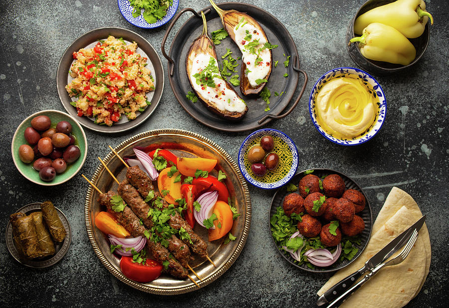 Middle Eastern Dinner With Grilled Kebab, Falafel, Roasted And Fresh Vegetables Photograph by Olena Yeromenko
