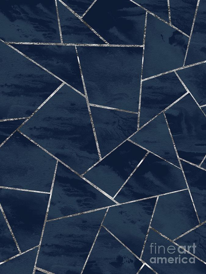 Midnight Navy Blue Ink Silver Geometric Glam #1 #geo #decor #art  Mixed Media by Anitas and Bellas Art