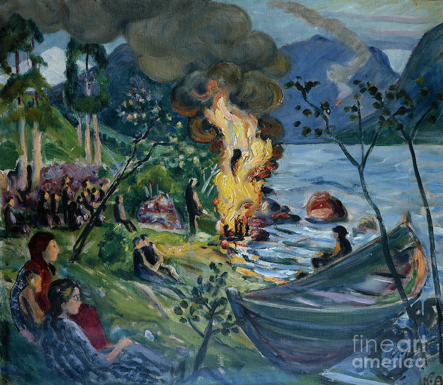 Midsummer fire at Joelster water Painting by O Vaering