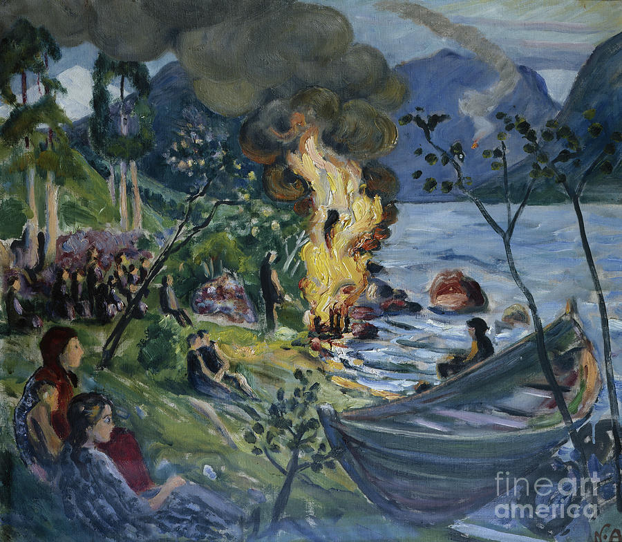 Midsummer Fire At Jolster Water Painting by Nikolai Astrup