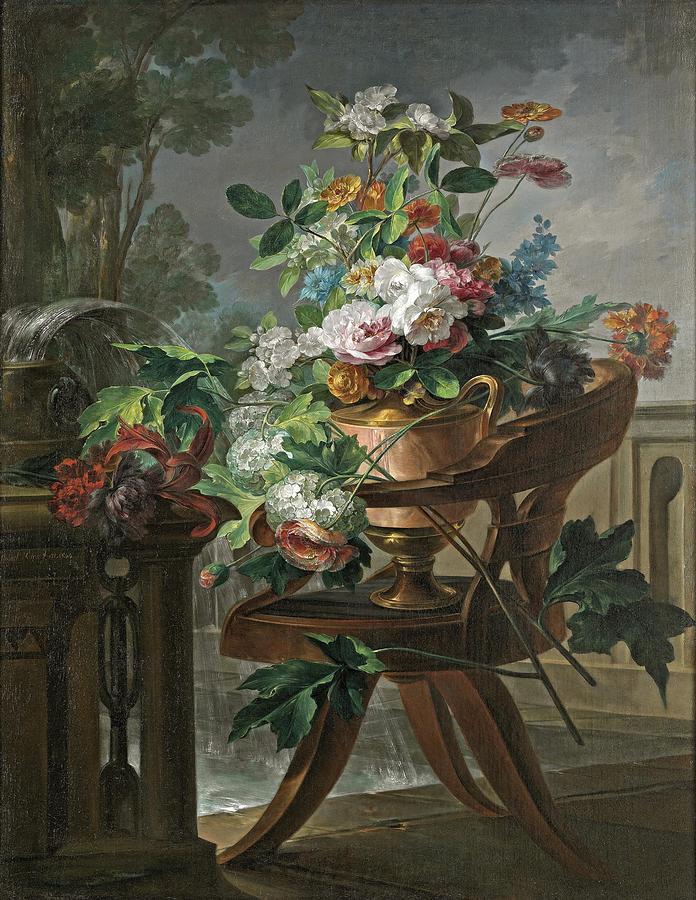 Still Life Painting - Miguel Parra / Flower Vase on a Chair, 1844, Spanish School, Oil on canvas, 120 cm x 92 cm. by Jose Miguel Parra -1780-1846-