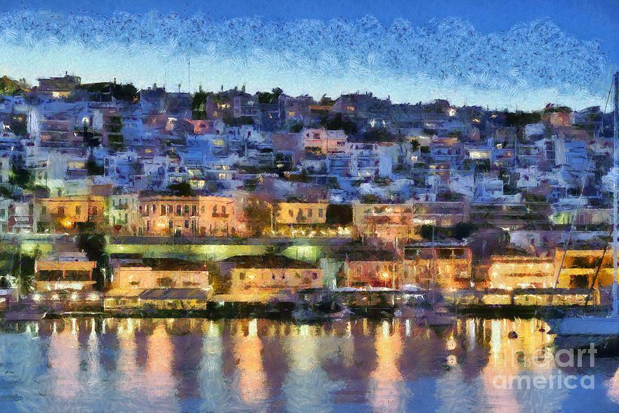 Mikrolimano port by dusk time Painting by George Atsametakis