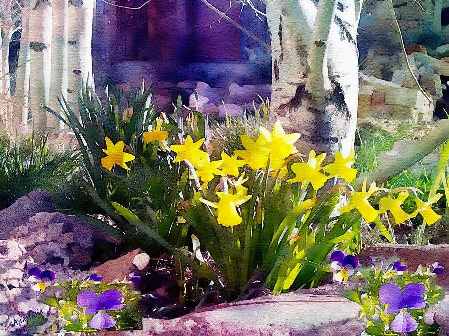 Milagro Spring Violets and Narcissus in Agape Gardens II Painting by Anastasia Savage Ealy