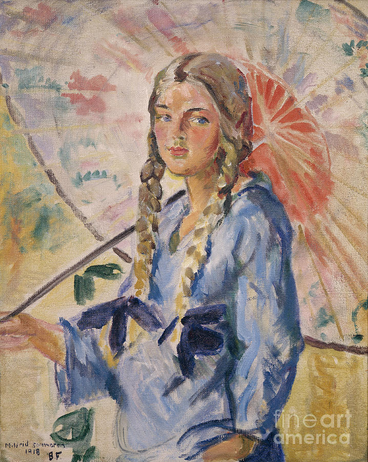 Summer Painting - Mildred with parasol, 1918 by O Vaering by Bernhard Folkestad