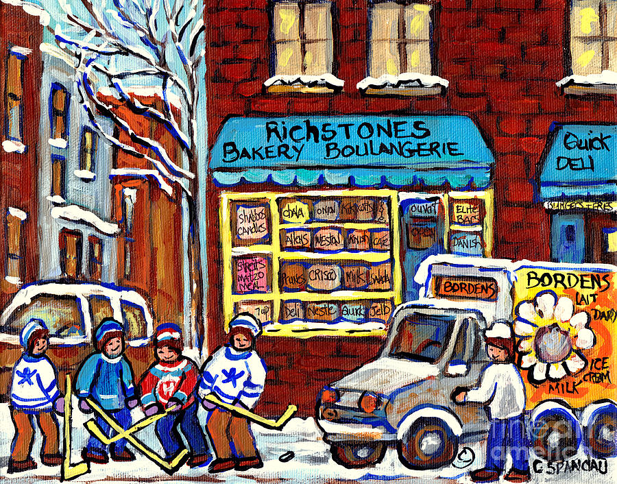 Milk Delivery Richstone Bakery Montreal Deli Art Boulangerie Winterscene Hockey Paintings C Spandau  Painting by Carole Spandau