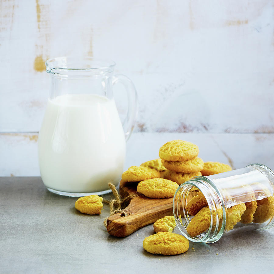 Milk In Jug And Freshly Baked Coconut Cookies Photograph by Yuliya Gontar