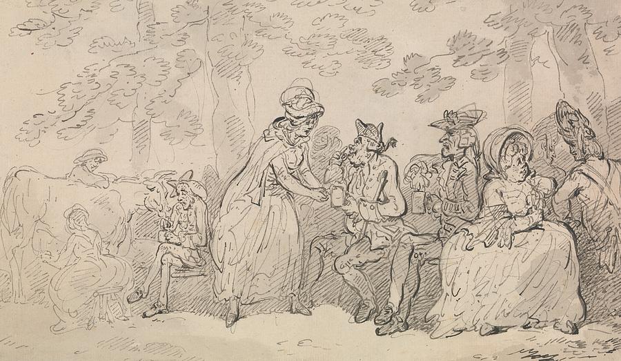 Milkmaids and Gentlemen in St. Jamess Park Drawing by Thomas Rowlandson