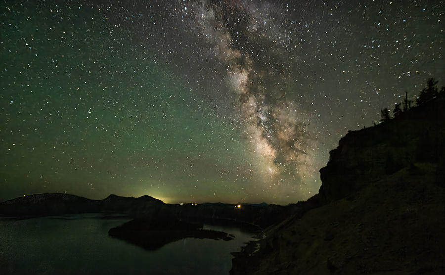 Night Photograph - Milky Way And Northern Light Together Shined Over Crater Lake Oregon by Lei Yang