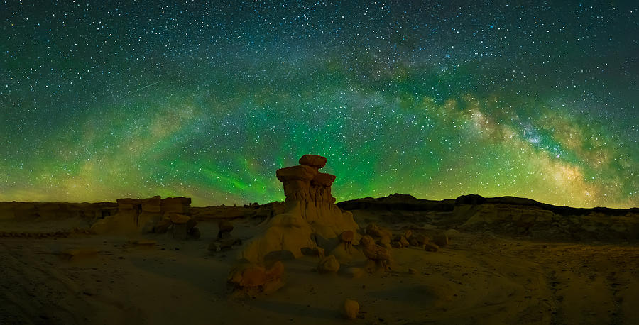 Milky Way Arch With Green Airglow Over Bisti Badlands Photograph by Mike He