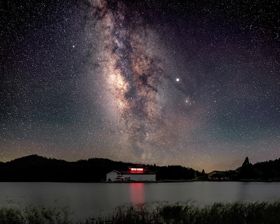 Milky Way Over The Tianping Mountain Lake Temple Photograph