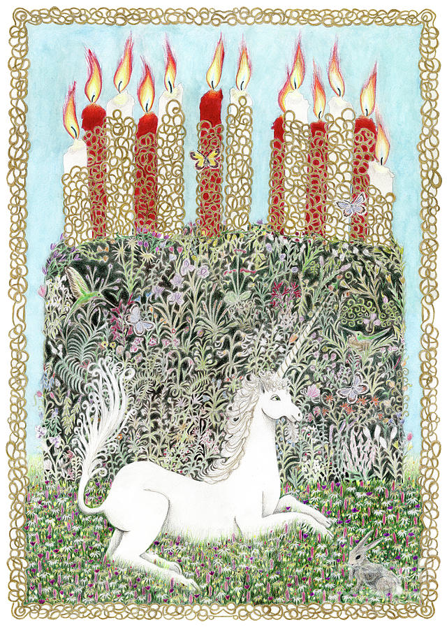 Millefleurs Birthday Cake with Unicorn and Rabbit Drawing by Lise Winne