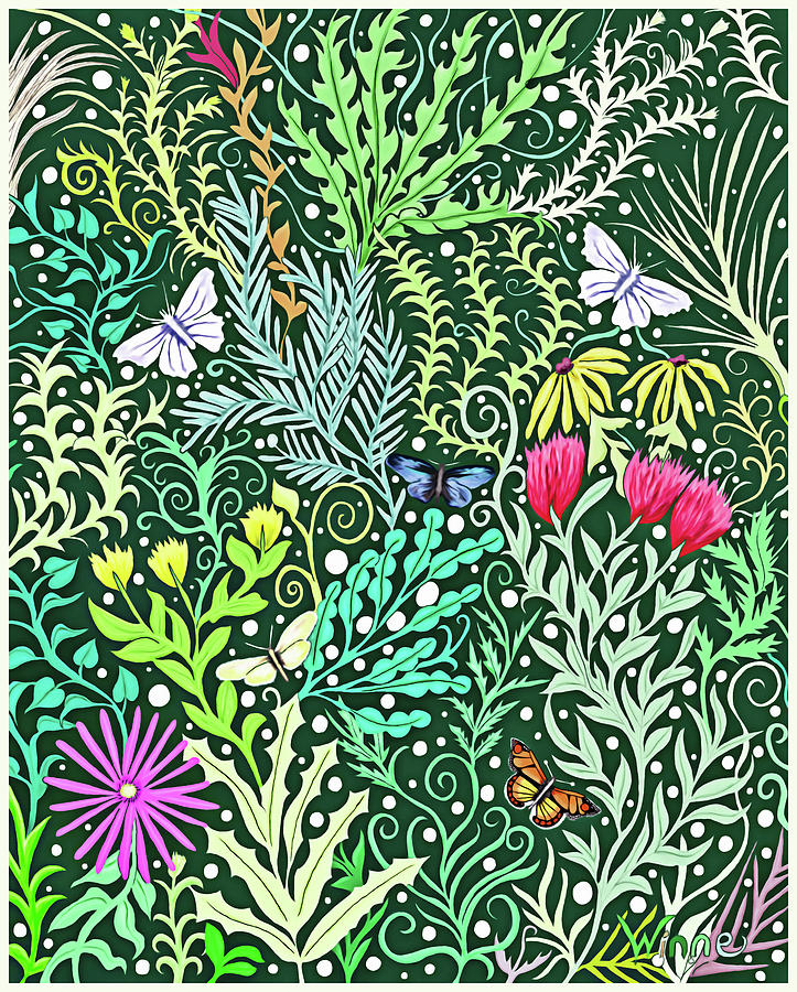 Millefleurs Dark Green Tapestry Design with four butterflies Tapestry - Textile by Lise Winne