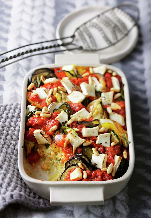 Millet Bake With Tomatoes, Courgette, Aubergine, Peppers And Goats Cheese Photograph by Gross, Petr