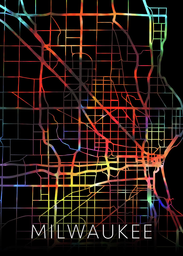 Milwaukee Mixed Media - Milwaukee Wisconsin Watercolor City Street Map Dark Mode by Design Turnpike
