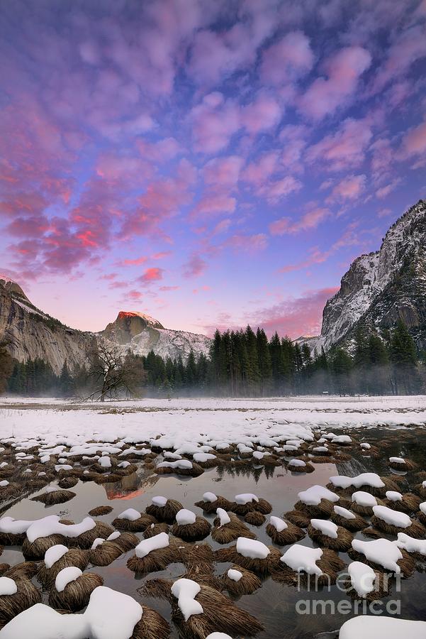 Snowy Winter Sunset with Half Dome and Yosemite Valley Photograph by Tom Schwabel