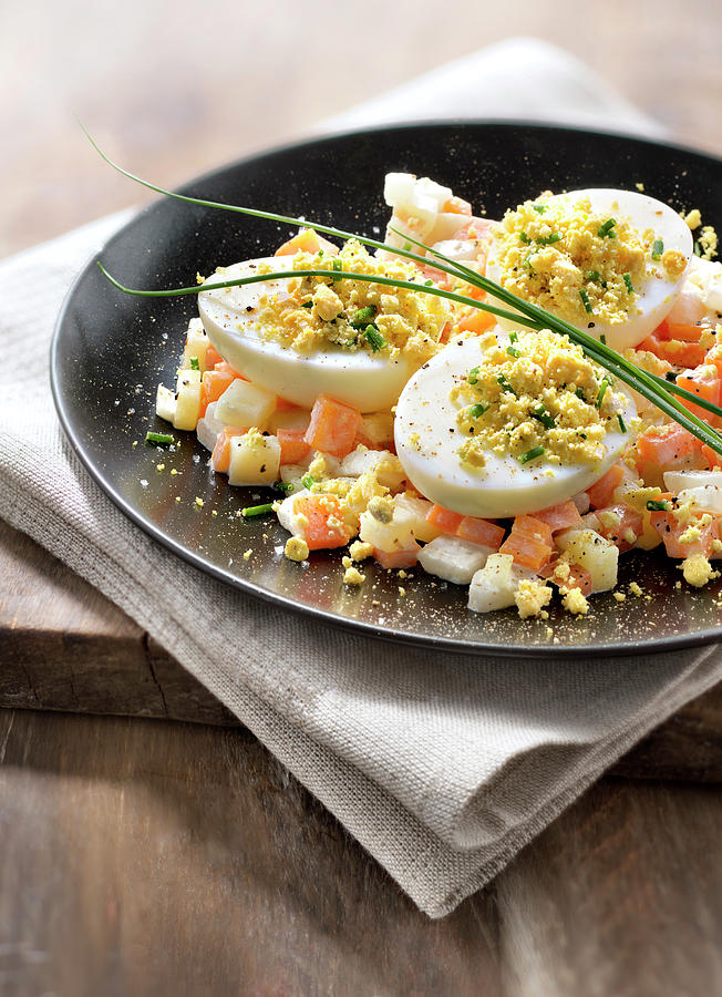 Mimosa Eggs With Chives And Diced Vegetables Photograph by Studio