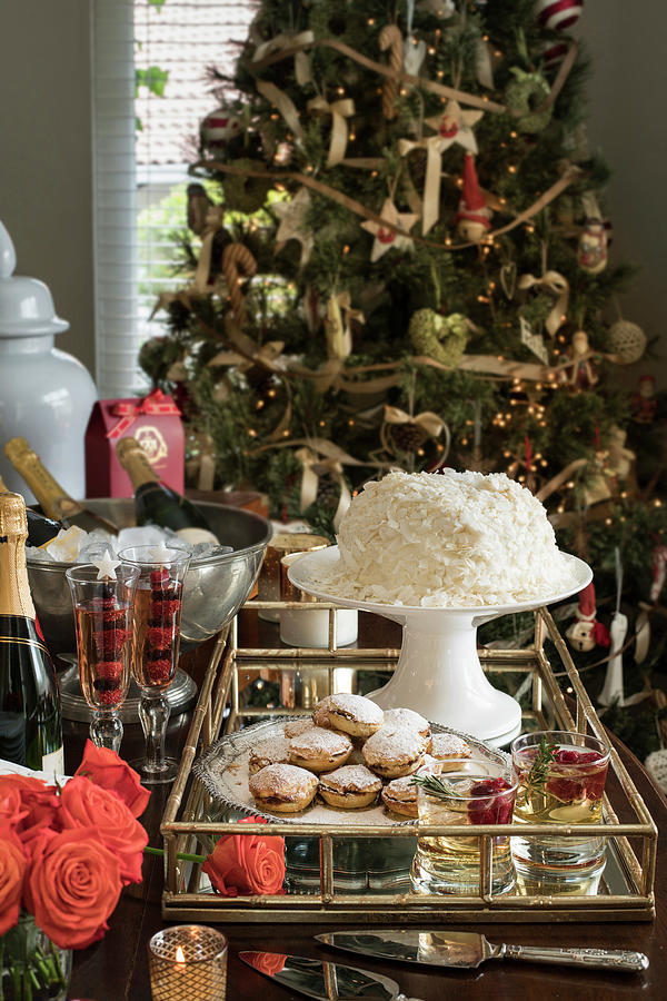 Mince Pies And Drinks On Tray In Front Of Christmas Tree Photograph by Great Stock!