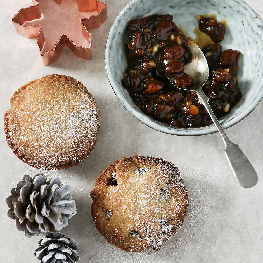 Mince Pies, Mince Pie Filling, A Cookie Cutter, And Pine Cones Photograph by Stacy Grant