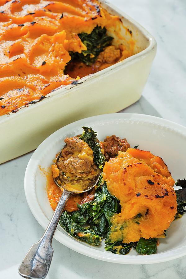 Emu Photograph - Minced Emu Bake With Kale And A Sweet Potato Topping by Colin Cooke