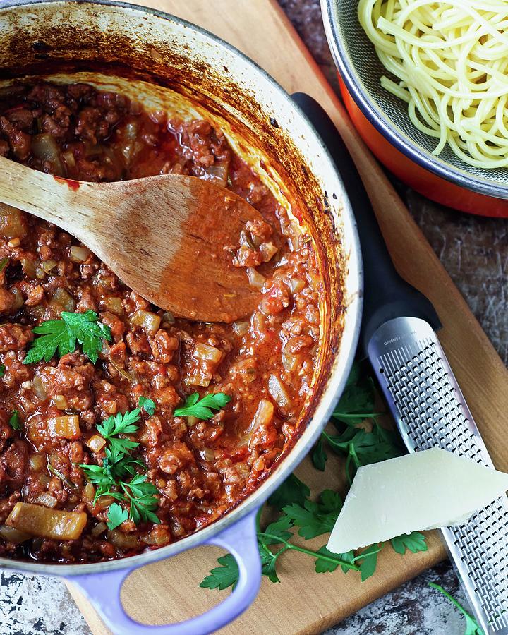 Minced Meat Sauce For Pasta Dishes seen From Above Photograph by Erin Brooks