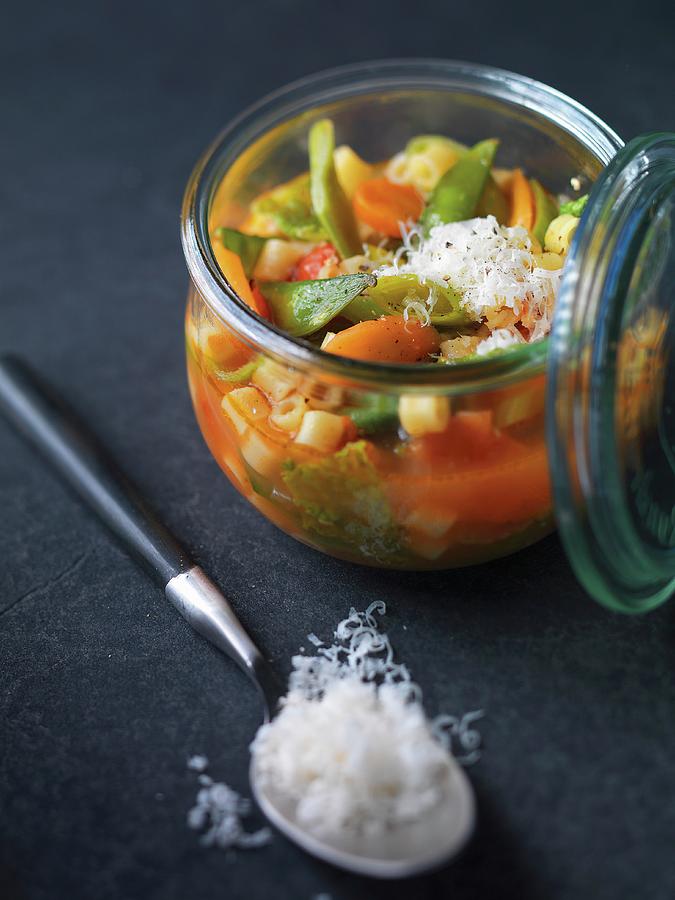 Minestrone Soup With Parmesan Cheese In A Preserving Jar Photograph by Jalag / Joerg Lehmann