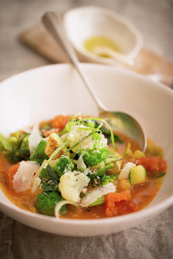 Minestrone With Vegetables In A Soup Bowl Photograph by Eising Studio