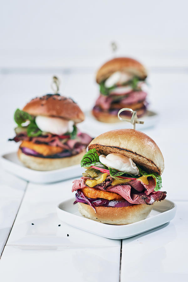 Mini Brioche Burges With Pastrami, Vegetables And Poached Quails Eggs Photograph by Angelika Grossmann
