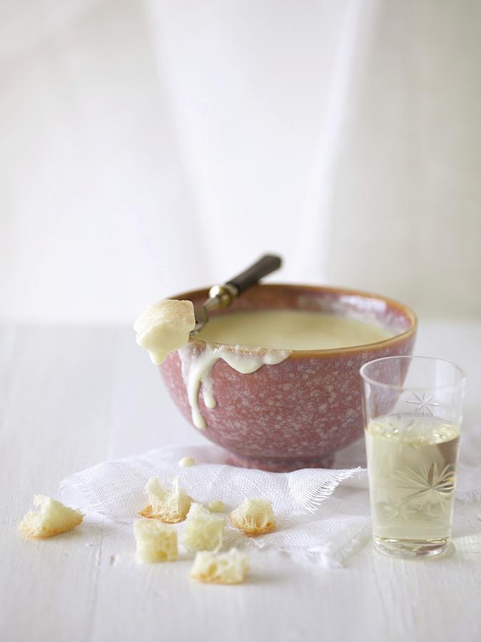 Mini Cheese Fondue In A Bowl With Croutons And White Wine Photograph by Laurie Proffitt