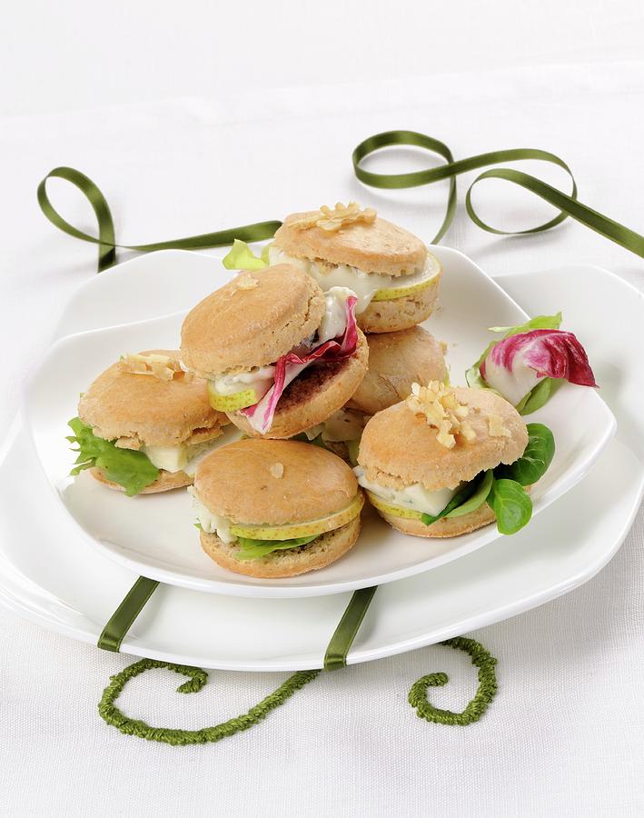 Mini Cheese, Pear, Walnut And Salad Sandwiches Photograph by Franco Pizzochero