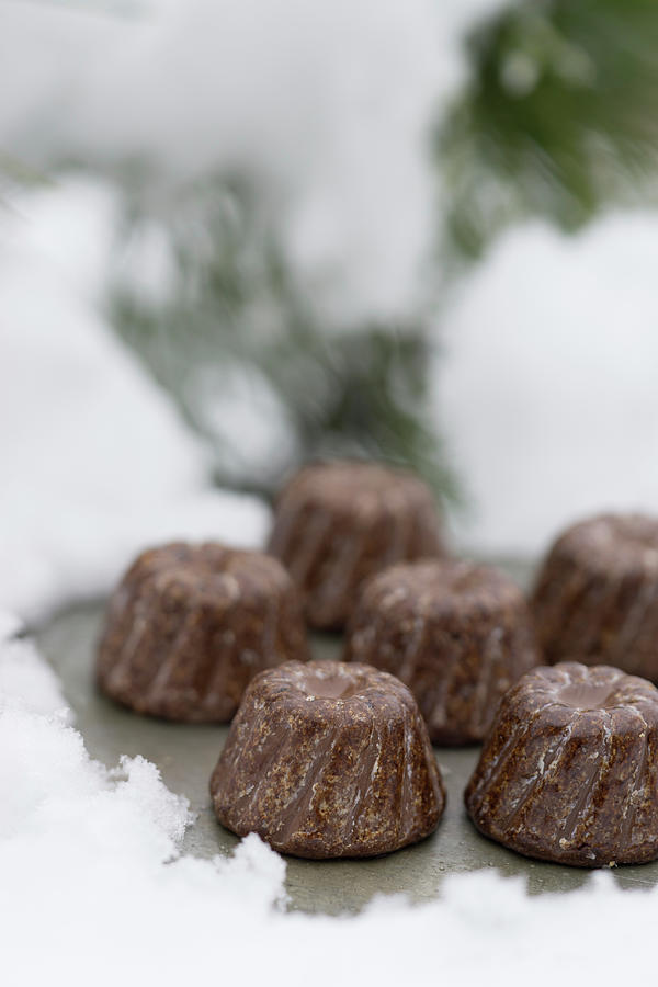 Mini Chocolate Bundt Cakes With A Schnapps Glaze On A Tray In The Snow Photograph by Martina Schindler