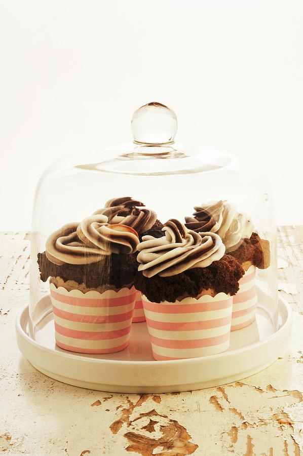 Mini Chocolate Cakes, Made Without Egg, Under A Glass Cloche Photograph by John Hay