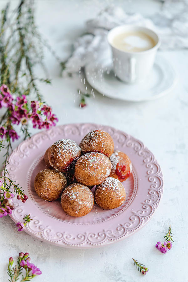 Mini Donuts Filled With Rose Jam, Sprinkled With Powdered Sugar Photograph by Diana Kowalczyk