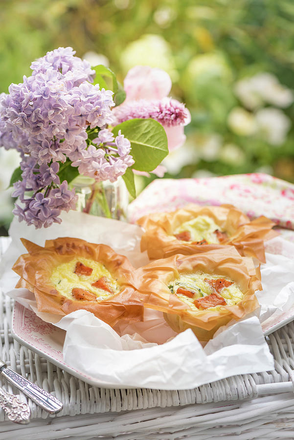 Mini Filo Pastry Quiches With Sweet Potatoes And Cabbage For A Summer Picnic Photograph by Winfried Heinze