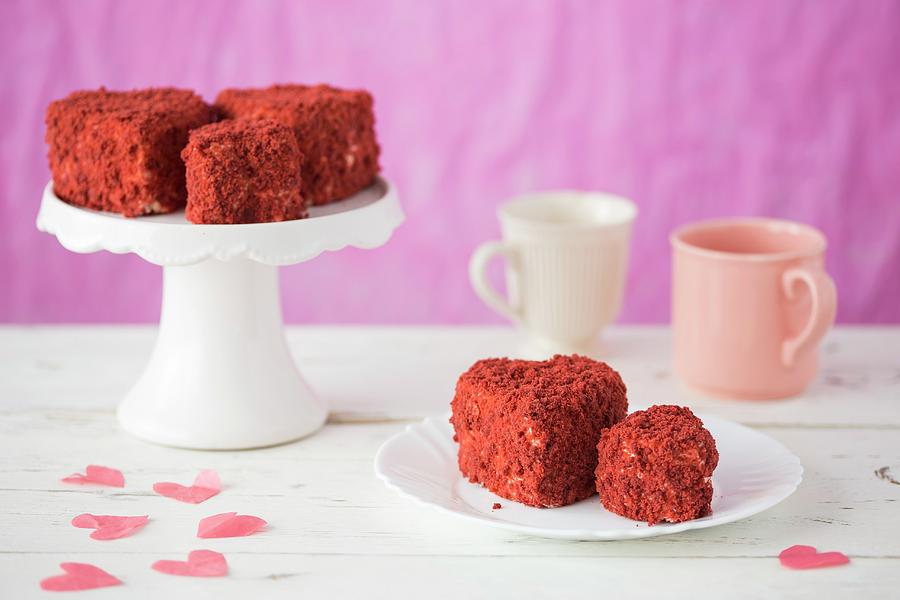 Mini Heart-shaped Red Velvet Cakes On A Plate And A Cake Stand Photograph by Malgorzata Laniak