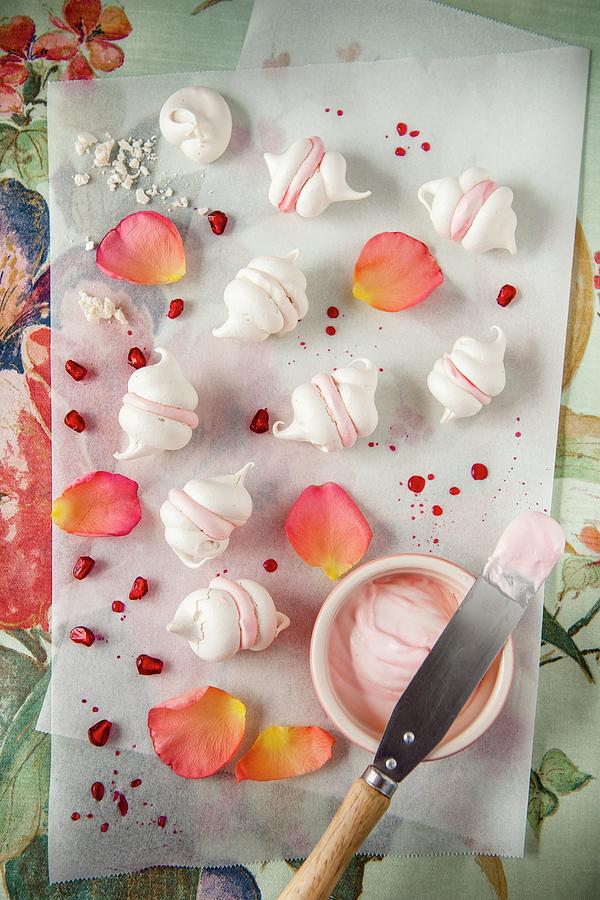Mini Meringues With Rose Water Cream And Pomegranate Seeds top View Photograph by Magdalena Hendey